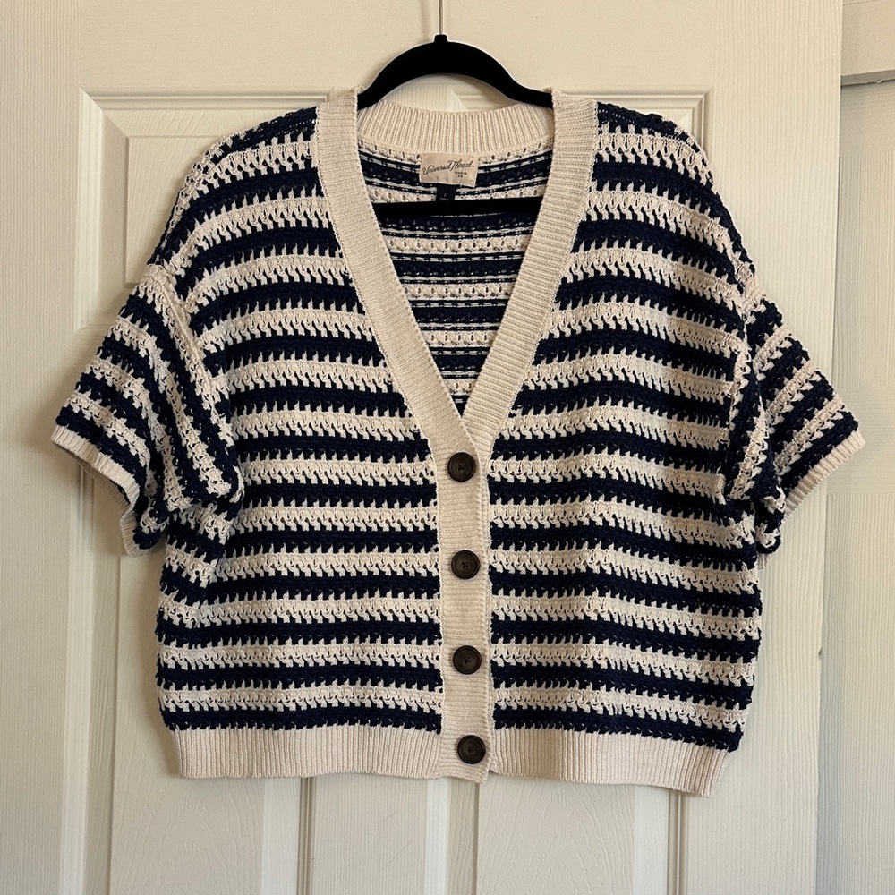 Striped Navy and Cream Button-Up Sweater